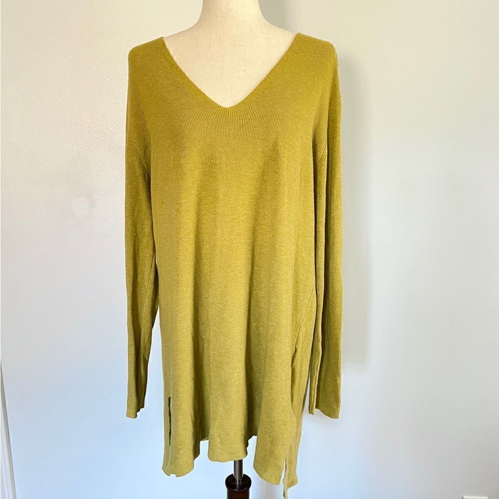 Eileen Fisher Ribbed Long Tunic Sweater Large LemonGrass Organic Cotton Silk